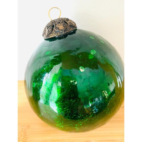 Vintage Mercury Crackle Green Finish Ornament Kugel Style Christmas 5 Inch H - Picture 1 of 5